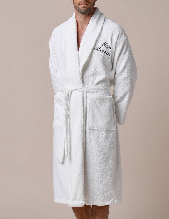 Peignoir mixte adulte éponge bouclette col châle personnalisable (blanc) Peignoir mixte adulte éponge bouclette col châle personnalisable (blanc)